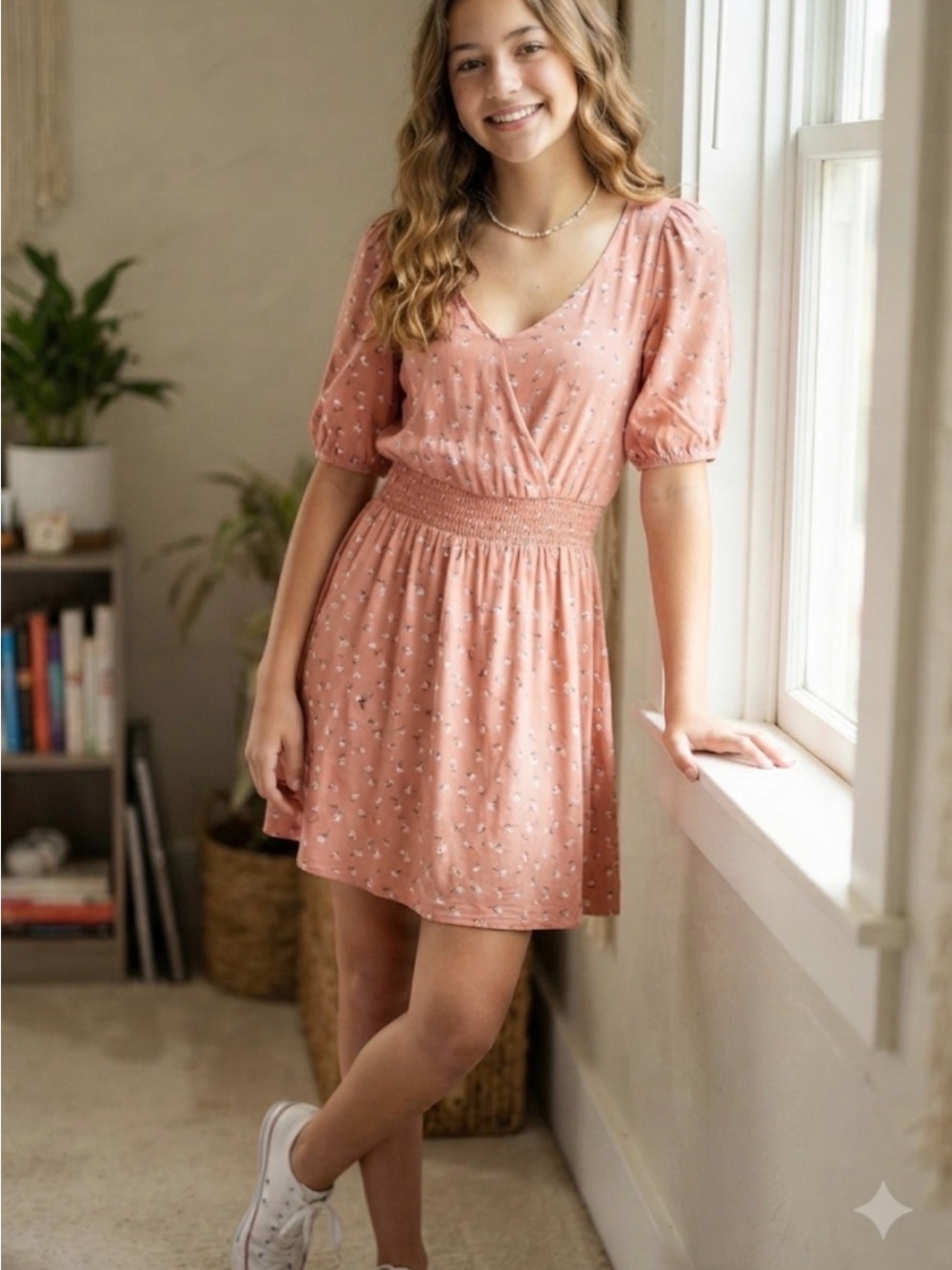 Smocked Waist V-Neck Short Sleeve Dress - Pink